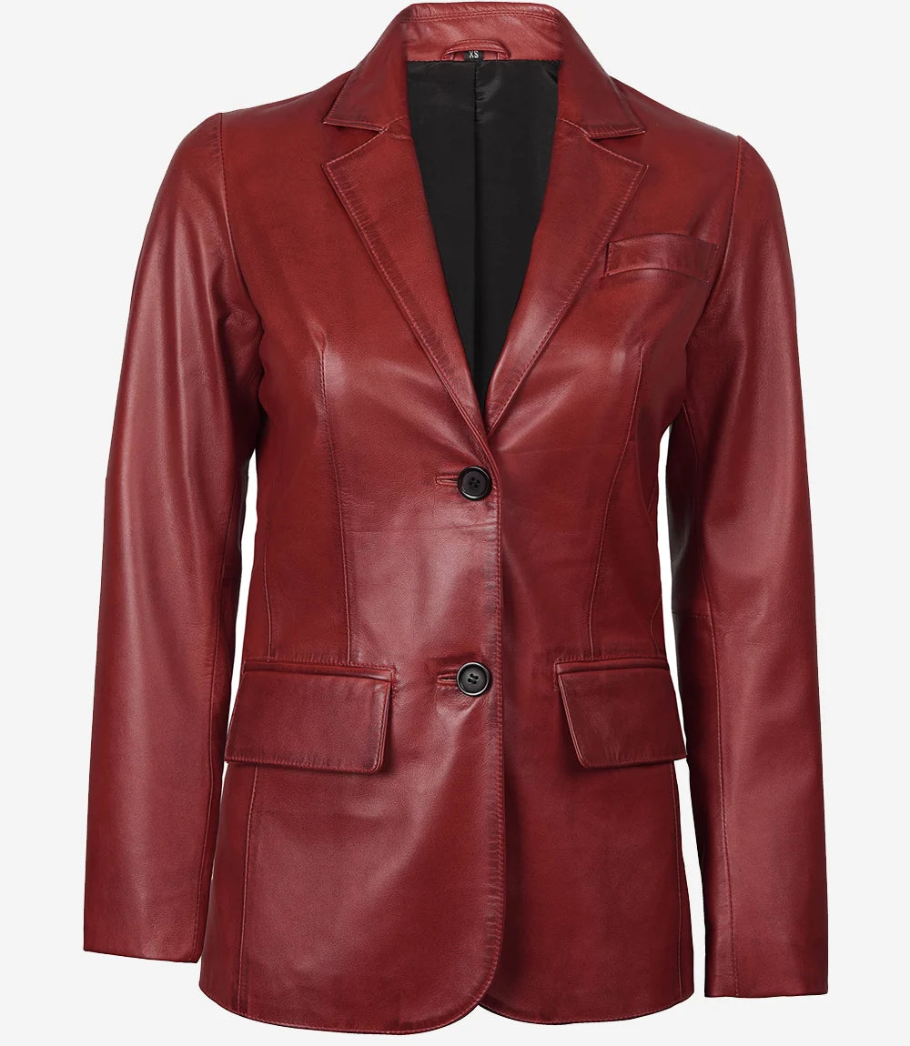 Womens Two Button Red Waxed Leather Blazer